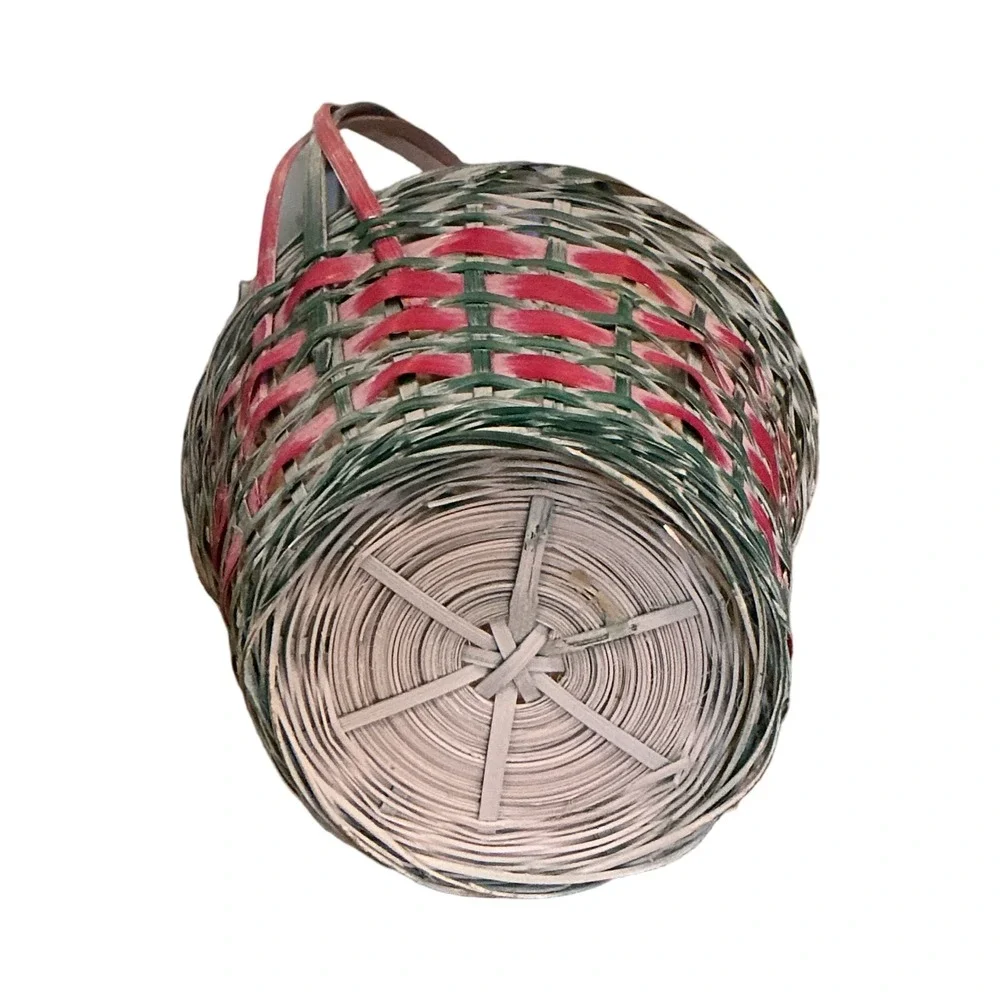 Vintage Woven Wicker Basket Red Green Small Round Handle Farmhouse Decor 10x5.5